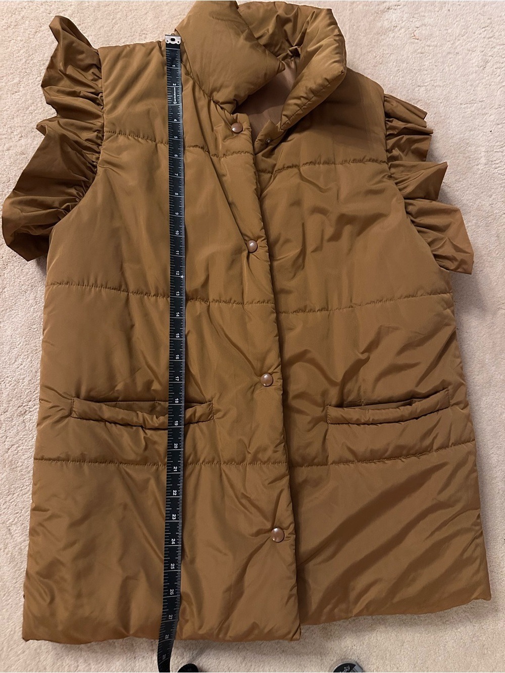 Fall is around the corner…. Women’s Brown Puffer Vest with Ruffle Sleeves - Picture 2 of 4